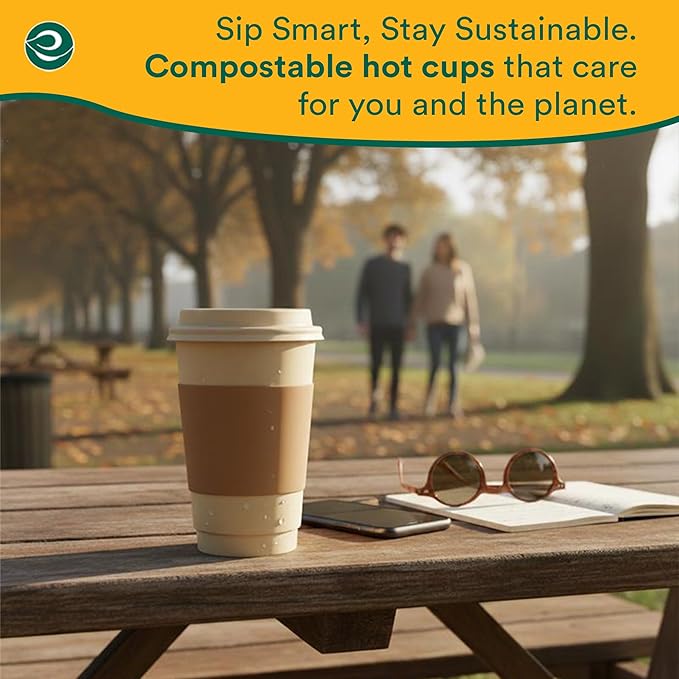 ECO SOUL 100% Compostable Coffee Cups With Lids & Sleeves - To Go Coffee Disposable Bagasse Cups |Sturdy & Eco-Friendly Cups for Cafes, Party, Office (200, 12 Oz)