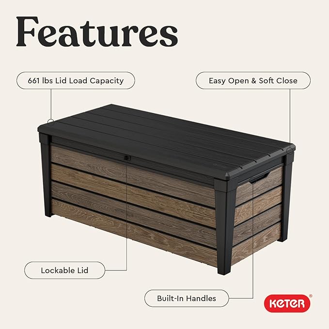Keter Signature Collection 120 Gallon Resin Deck Box Organization and Storage Box for Patio Outdoor Cushions, Throw Pillows, Garden Tools and Pool Supplies, Walnut