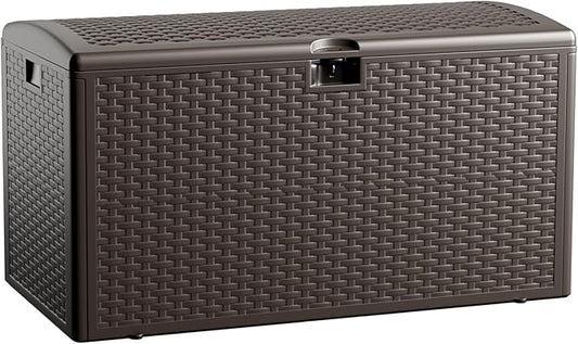 73 Gallon Resin Deck Box, Double Layer Waterproof & Outdoor Indoor Lockable Storage Box for Patio Furniture Cushions Garden Tools (Brown)