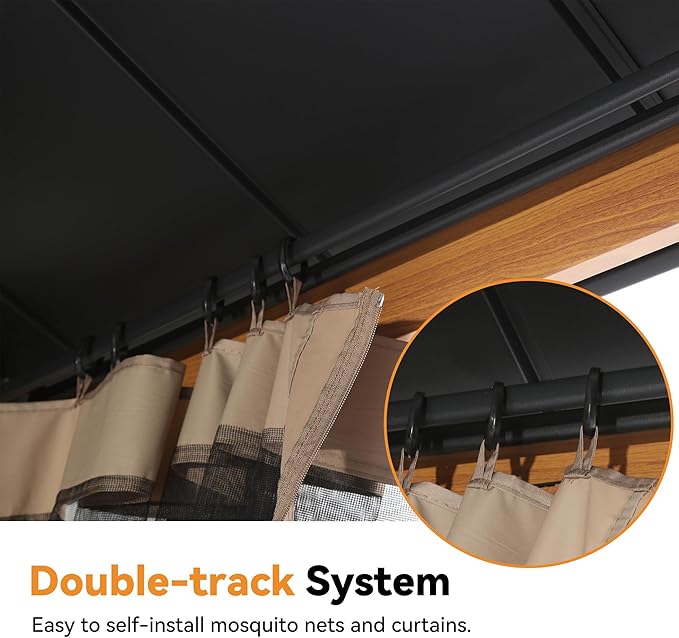 Modern Shade The Horizon Hardtop Gazebo 12' x 12' with 4 LED Lights, Permanent Outdoor Gazebo with Galvanized Steel Double Roof, Grill Pavilion with Decor Hooks, Mosquito Nettings, Wood Grain