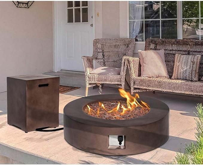 HOMPUS 2 Pcs Propane 42-inch Round Bronze Concrete Fire Table with Tank Cover, Lava Rocks and Rain Cover, 50,000 BTU Patio Fire Pit Table Set for Outdoor