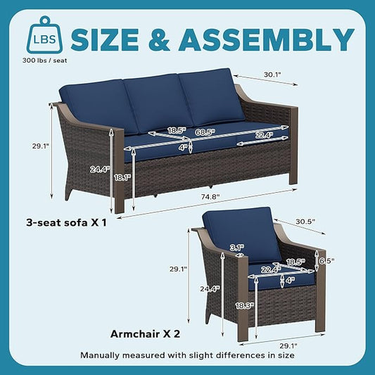 3 Pieces Outdoor Patio Conversation Furniture Set - 75" 3-seat Sofa | 2 Wicker Chairs, Deep Seat Couch, Removable Cushions, PE Rattan, Metal armrests, Yard (Navy Blue)