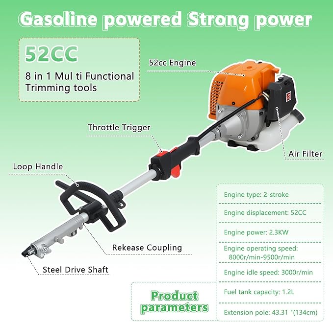 2025 New 8-in-1 Multi-Functional Trimming Tool, 52CC 2-Cycle Gas Powered Weed Eater, String Trimmer, Hedge Trimmer, Edger, Brush Cutter, Pole Chainsaw Pruner with Extension Pole (Orange-8 in 1)