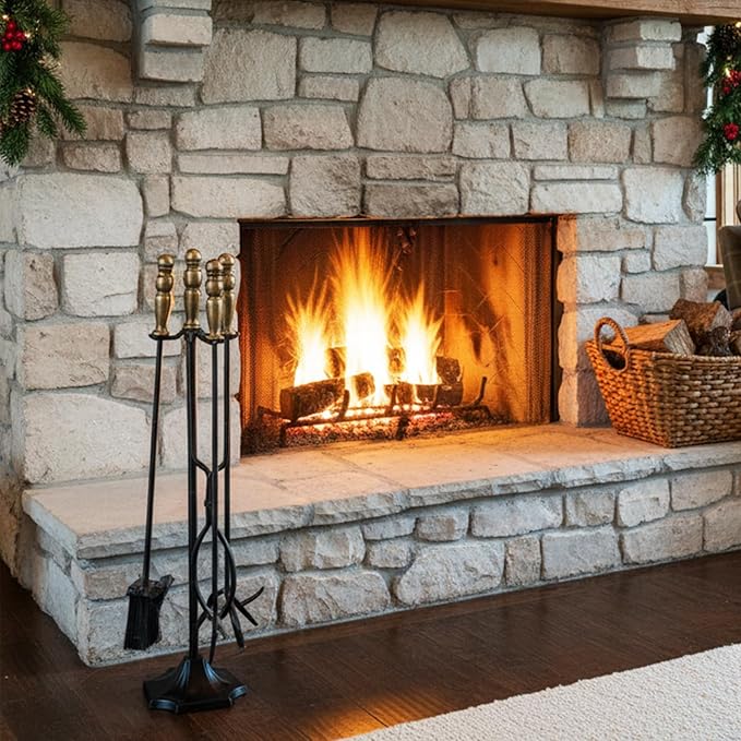 5 Piece Fireplace Tools Set, Wrought Iron Fire Place Tool Set with Gold Handle for Indoor Outdoor, Heavy Duty Base with Fire Poker, Brush, Shovel, and Tongs