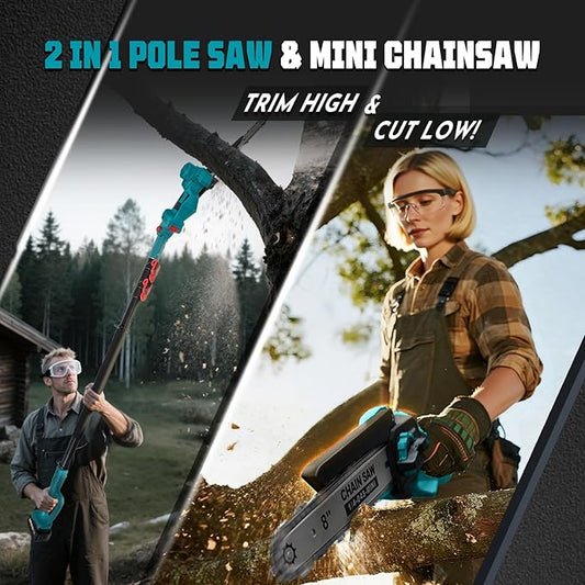 2-in-1 Cordless Pole Saw & 8'' Mini Chainsaw,Forest Ranger Approved Electric Handheld Chain Saw with 2× 21V 4.0Ah Rechargeable Batterie&Charger, Auto Oiling Multi-Angle,Max 16Ft Saw for Tree Trimming