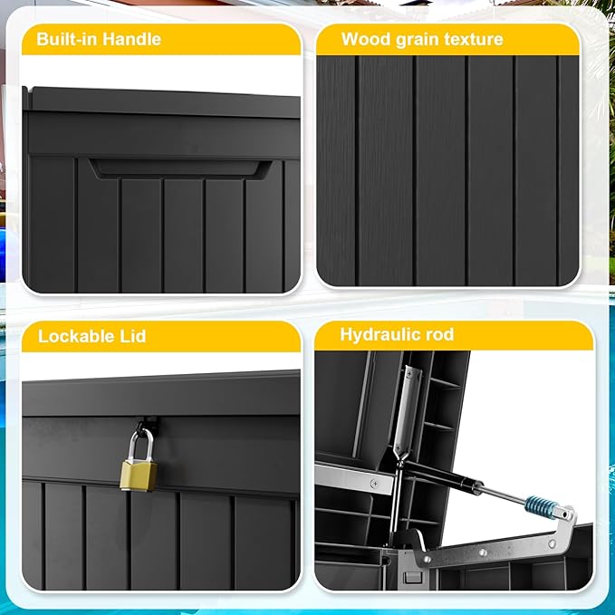 Vixzen 280 Gallon Resin Deck Box, Lockable Outdoor Storage Box for Patio Cushions Storage Furniture,Garden Tools, Pool Supplies, Weatherproof and UV Resistant- Black