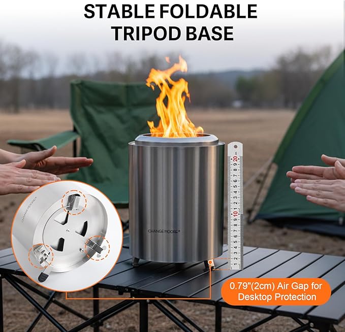 CHANGE MOORE Table Fire Pit Set, Portable Smokeless Firepit with Flodable Stand, Secondary Burn Fueled by Pellets or Wood, 201 Stainless Steel Table Top Firepit for Patio, Camping, Backyard