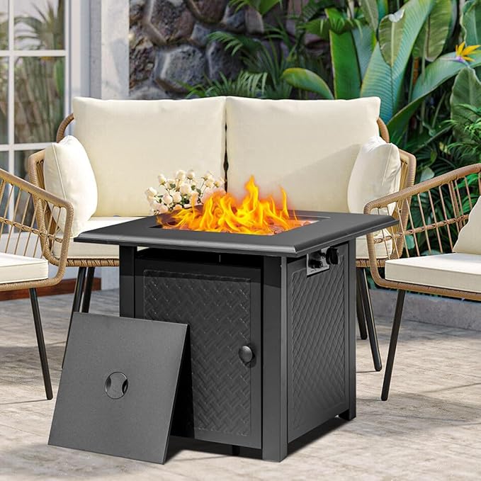 28 Inch Propane Fire Pit Table, 50,000 BTU Steel Gas Fire Pits for Outside,Outdoor Gas Firepit with Lid and Lava Rocks, Propane Firepit for Paito Garden Backyard,Add Warmth to Gatherings