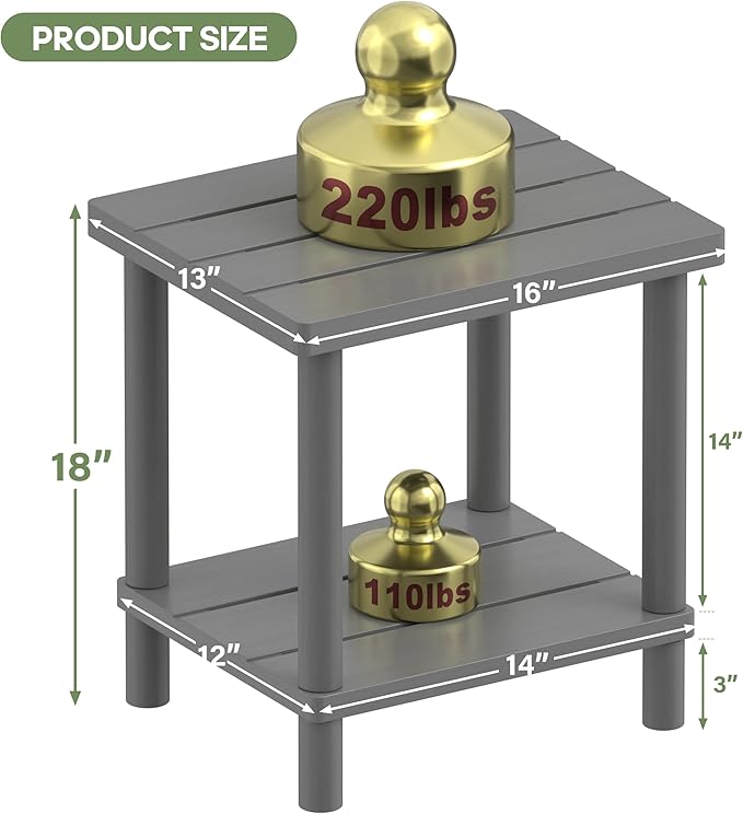 LEJANEOYE Outdoor Side Table, 2-Tier Small Outdoor Table for Patio, Adirondack Side Tables for Outside or Indoor, Bamboo End Table for Pool, Porch, Weather Resistant Easy Maintenance-Gray