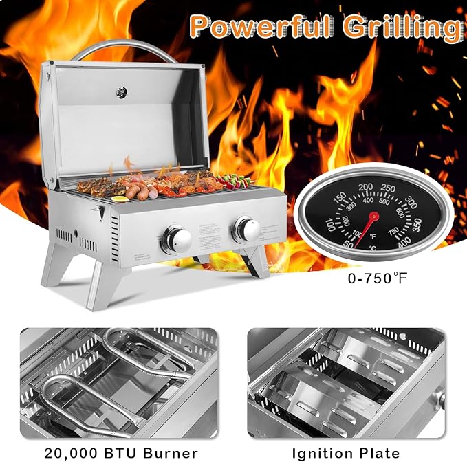 ROVSUN 20,000 BTU Portable Gas Grill, Large 2 Burner Tabletop Propane Grill with Foldable Legs, Regulator & Full Stainless Steel for Outdoor Picnic Camping Trip Tailgating Patio Garden BBQ Home Use