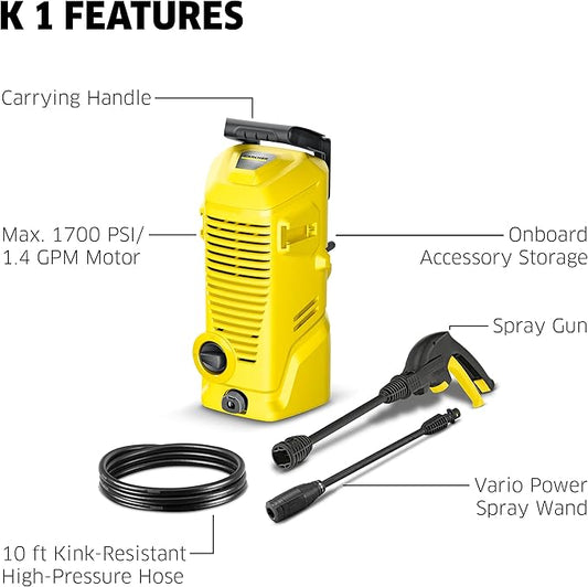 Kärcher Pressure Washer K 1, Max 1.45 GPM, 1700 PSI, Trigger Spray Gun & Vario Power Spray Wand - for Cars, Bikes, Deck, Driveways, Siding, Patios