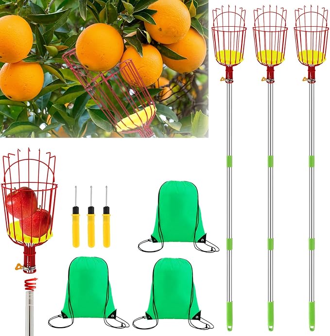 Lasnten 3 Set Fruit Picker Pole Tool with Basket Long Handle 22.5 ft Adjustable Apple Picker Tool Fruit Pick Equipment for Avocado Acorn Lemon Oranges Pear Mango Picking