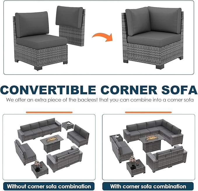 13 Piece Patio Furniture Set with Fire Pit Table, Outdoor Conversation Sets Grey Wicker Rattan Sectional Sofa, 4'' Thickened Cushion Dark Grey (Include Waterproof Cover)