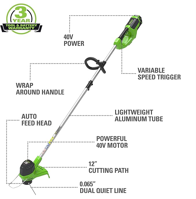 Greenworks 40V 12" Cordless String Trimmer, 0.065" Dual Line with Auto Feed, Variable Speed, Lightweight Weed Eater, 3-Year Warranty