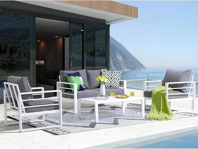 Patiorama Aluminum Patio Furniture Set, 4 PCS Modern Patio Conversation Set, All Weather White Outdoor Sectional Sofa Set w/Coffee Table, Loveseat, Superior Olefin Cushion, Garden-Grey Cushion