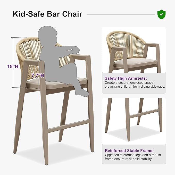 PURPLE LEAF Wicker Bar Stool Set of 2 Bar Height Stools with Backrest Patio Chairs for Kitchen Island Lawn Champagne Outdoor