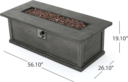 Outdoor Propane Fire Pit Table for Outside Patio, 56 Inch Concrete Fire Pit Table, Rectangle Gas Fire Pit for Garden, Pool, Backyard, 50,000 BTU, Free Lava Rocks, Gray Wood Pattern