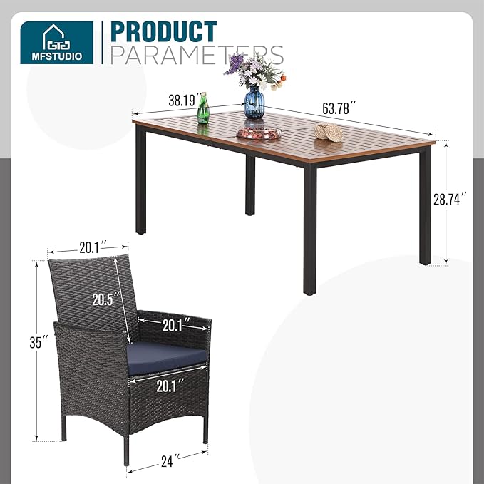 MFSTUDIO Patio Dining Set for 6, Outdoor Rectangular Wood-Like Table with Chairs, 7 Piece Outdoor Rattan Dining Furniture Set, Patio Table and Chairs for 6