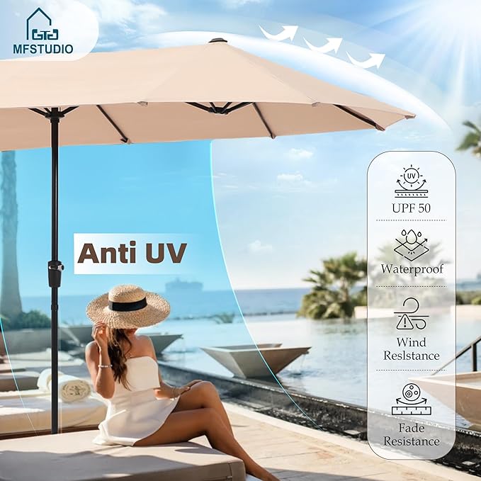 MFSTUDIO Outdoor Dining Sets for 6 with Umbrella, 60'' Metal Dining Table and Swivel Chairs with Umbrella, Large Patio Dining Furniture Set with Swivel Chairs & 13ft Umbrella (Beige)