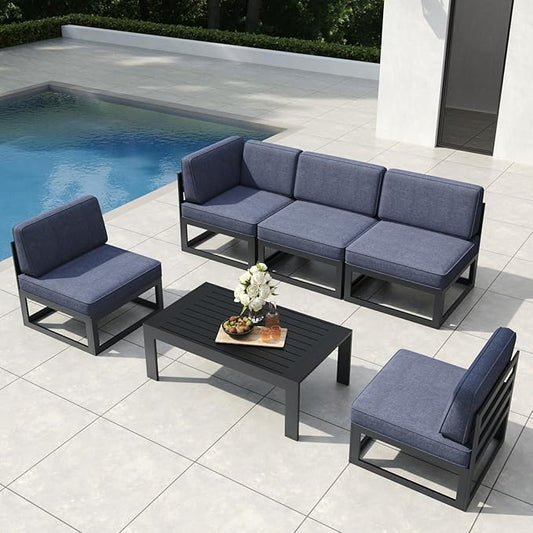 6 Pieces Aluminum Patio Furniture Set with Coffee Table, Metal Outdoor Conversation Sofa Set with Seating Cushions