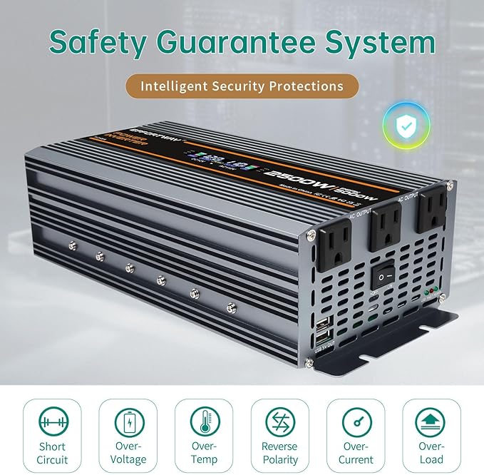 2500W Power Inverter. 12V DC to 110V/120V AC Converter 5000W (Peak) with LCD Display, 3 AC outlets, 2 USB, 2500w Inverter for Camping RV Travel Outdoor Truck Off-Grid Solar inverters