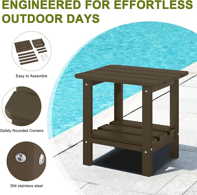 Set of 2 Adirondack Outdoor Side Table, 2-Tier Small Patio End Table, Weather Resistant HDPE Outdoor End Tables for Garden, Lawn, Pool, Beach, Porch, Deck, Backyard - Square, Dark Brown