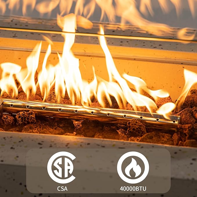 SUNBURY Outdoor 42 Inch Propane Fire Pit Table, Rectangle Fire Table w Tank Table, 40,000 BTU Spotted White Patio Gas Fire Table w Glass Wind Guard, Waterproof Cover, Lava Rocks