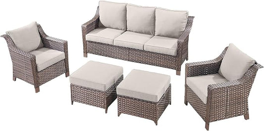 5 Pieces Wicker Patio Furniture Set-Outdoor High Back Sofa with Rattan Wicker Chairs Outdoor Furniture for Porch Garden Backyard Poolside-Brown/Beige