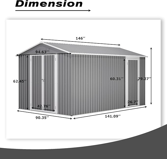 8x12 FT Sheds & Outdoor Storage with Double Doors & Floor Frame Heavy-Duty Metal Outdoor Storage Shed With Vents, Sloping Roof Waterproof Tool Sheds Perfect to Store Patio Furniture, Garden Tools Grey