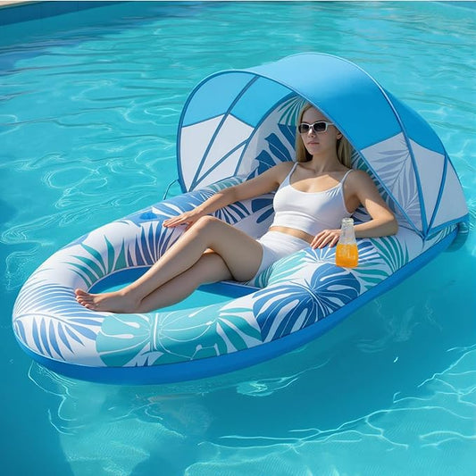 Pool Floats for Adults with Canopy,Grand Extra Large Inflatable Chair Lounger Floaties with Adjustable Sun Shade Cover, Drink Holder,Travel Pool Beach Lake Swim Inflatables Water Floating Rafts