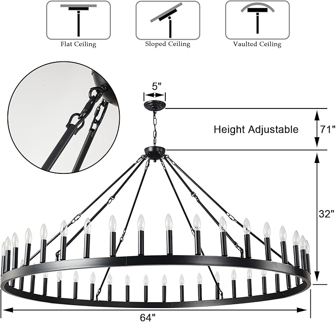 64 Inch Black Extra Large Wagon Wheel Chandelier, 42-Lights Farmhouse Industrial Round High Ceiling Pendant Light Adjustable Chain, for Dining Room, Living Room