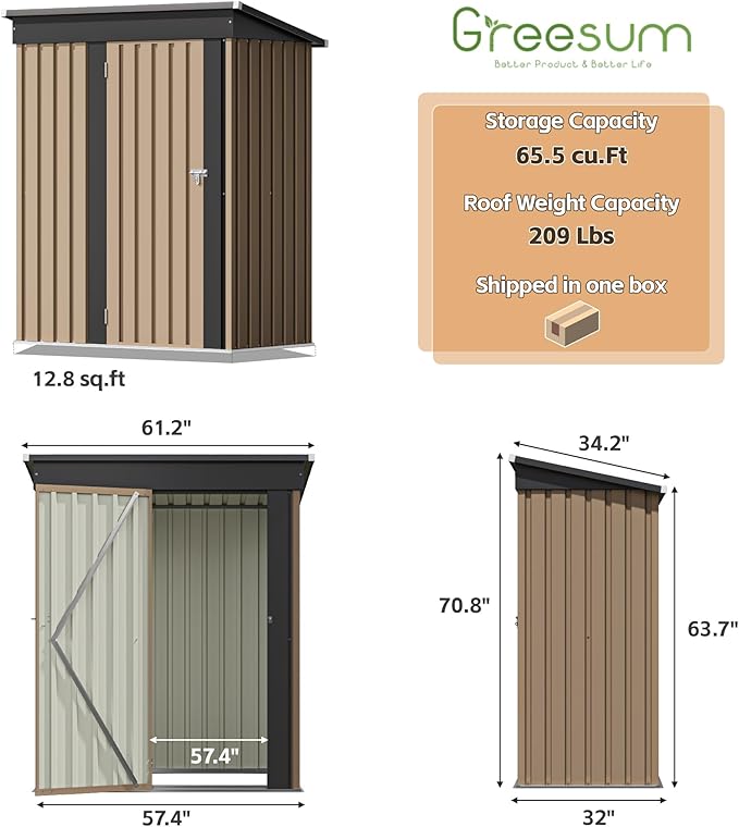 Greesum 5×3FT Outdoor Storage Shed, Metal Patio Storaged Sheds with Lockable Doors, Sheds & Outdoor Storage for Bike, Backyard, Pool and Garden, Brown