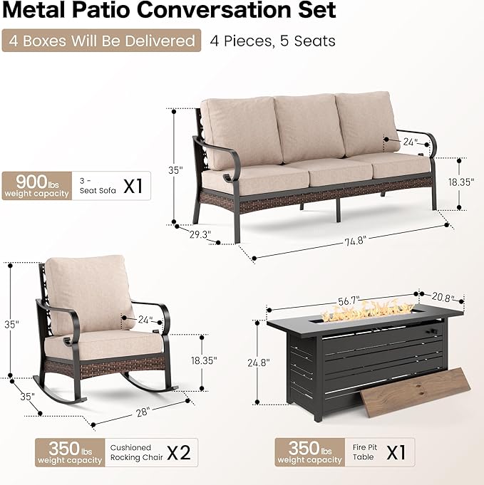 4 Piece Black Metal Outdoor Patio Furniture Sets with Firepit Table, Patio Conversation Sets 1 3-Seater Sofa, 2 Rocking Sofa with 5.75" Thick Cushion Backyard Furniture for Deck, Beige