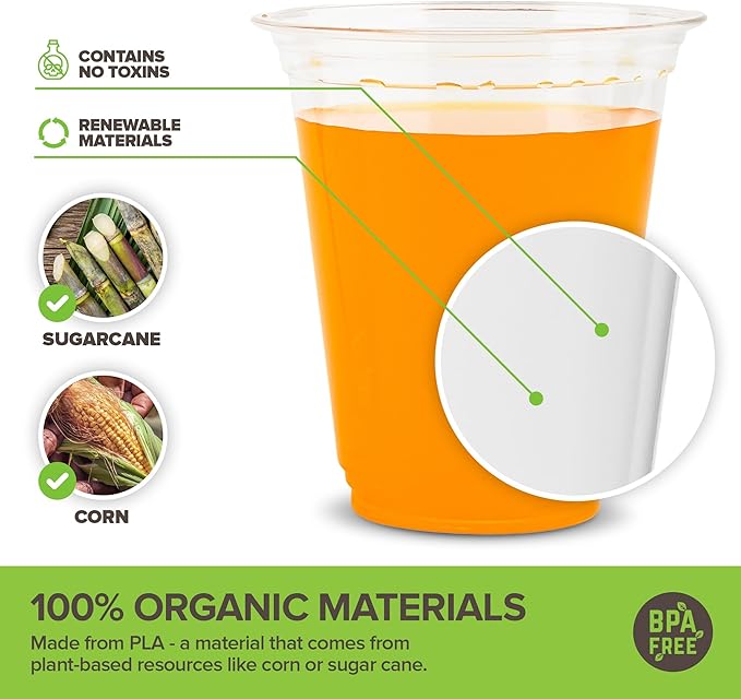 Stock Your Home 12 oz Clear Commercially Compostable Cold Cups (1000 Pack), Eco Party Cups, Disposable Cups for Water and Wine