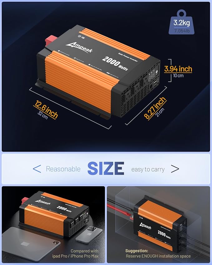 Ampeak 2000W Inverter, Car Power Inverter 12V to 120V, 89.37% High Efficiency Modified Sine Wave Inverter, 3 AC Outlets Dual USB 5V 3.1A, Surge 4000W Remote Controller for Vehicles, Truck, RV, Home