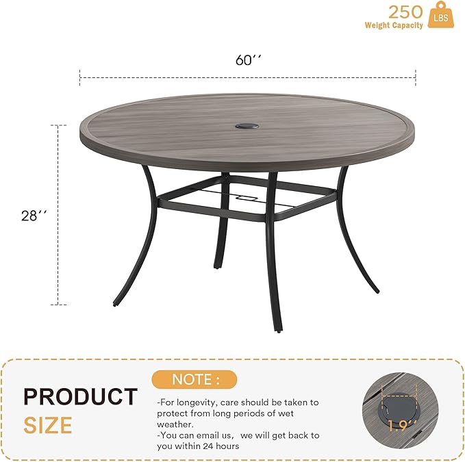 VICLLAX 60" Outdoor Round Patio Table for Lawn Garden, All Weather Metal Round Patio Dining Table with Adjustable Umbrella Hole, Outdoor Table for 8-10 Person, Grey Wood-Like Tabletop