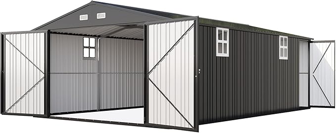 AMERLIFE 13x21x8.4 FT Outdoor Metal Garage Shed, Extra Large Storage Shed with Double Hinged Doors & 4 Windows, Carport for Car, Truck, Bike and Equipment Storage, Dark Gray