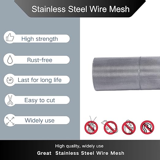 Stainless Steel 304 Wire Mesh-Metal Mesh Screen 15.5 inches x 10 feet