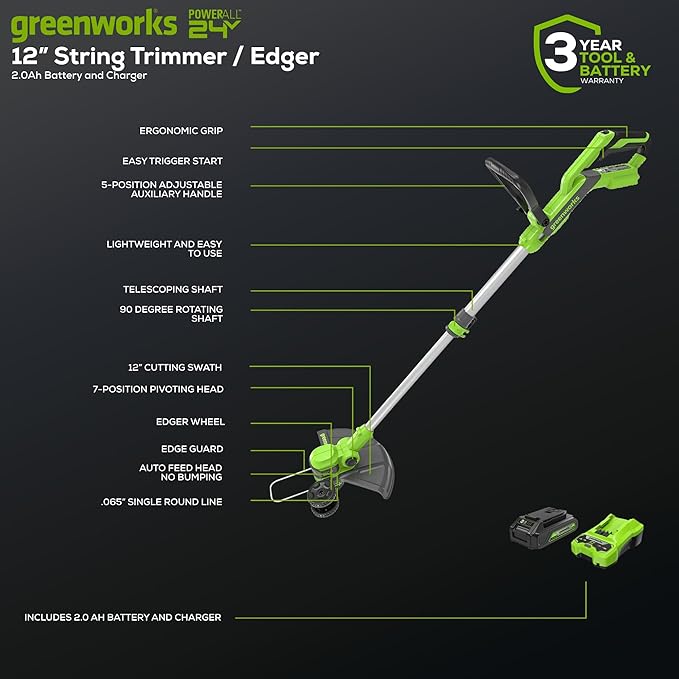 Greenworks 24V Cordless String Trimmer/Edger (Gen 2), 12" Cutting Width, Ultra-Light 6 lbs Design, with 2.0Ah Battery & Charger Included