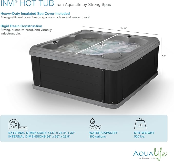Inland 6 Person Indoor Outdoor Hot Tub, Plug & Play Spa, 24 Jets, LED Lighting System, Insulated Spa Cover, Aqualife by Strong Spas