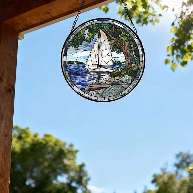 QZQCBLC Stained Glass Window Hanging Blue Ocean White Sailboat Large 15" - Nature Suncatcher Door Garden Sun Catcher Home Decor Birthday Christmas for Woman Mom Men Friend Nana