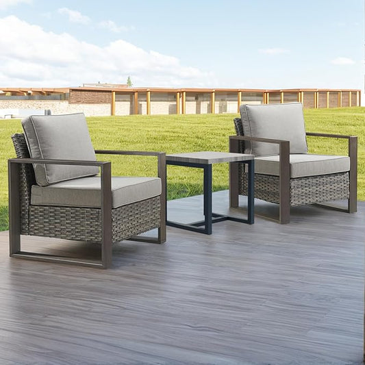 3 Piece Wicker Patio Furniture Set,Patio Bistro Set with 2 Rattan Armrest Chairs and 1 Side Table,Sturdy Frame,All-Weather PE Wicker,Wide Armrest,Deep Seating and Thick Cushions(Mixed Grey/Grey)