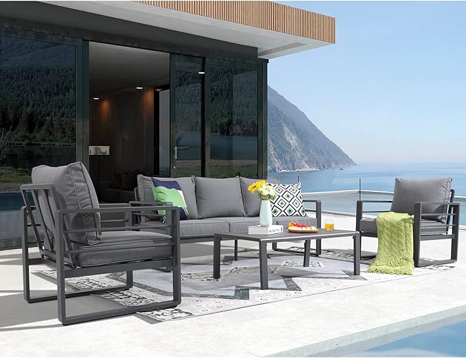 Patiorama Aluminum Patio Furniture Set, 4 PCS Modern Patio Conversation Set, All Weather Dark Grey Outdoor Sectional Sofa Set w/Table, 3-Seater Sofa, Superior Olefin Cushion, Garden-Grey Cushion