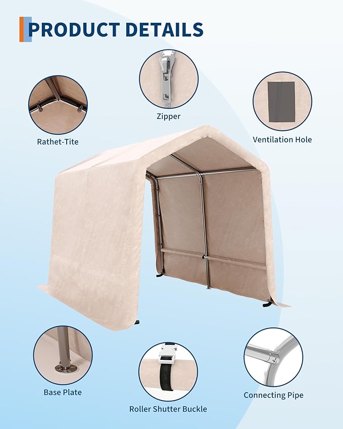 7X12 FT Heavy-Duty Portable Outdoor Storage Shed with Roll-Up Zipper Door & Vent, 240g Waterproof Carport Storage Shelter, UV-Resistant Canopy for Motorcycle, Firewood, Tools -Gray ﻿