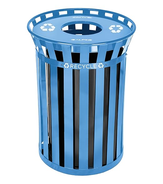 Alpine Commercial Outdoor Trash Can - 38 Gallon Heavy Duty Blue Recycle Garbage Can with Liner, Open Top Lid, All Weather Resistant Large Outside Trash Can for Parks, Parking, School