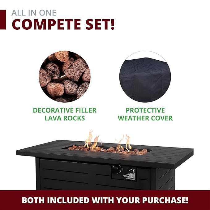 42" Outdoor Propane Fire Pit Table, Patio Rectangular Gas Fire Pit 2 in 1 Coffee Table with Firepit, 50,000 BTU, Waterproof Cover, Powder-Coated Stainless Steel with Lava Rock, CSA Certified