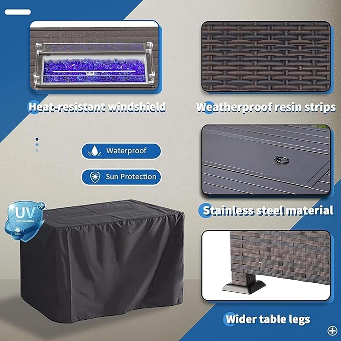 43" Wicker Outdoor Propane Gas Fire Pit Table with Rectangle Fire Pit Lid,55000 BTU Auto-Ignition Table Fire Pit w/Glass Wind Guard, Glass Rock for Outdoor,ETL Certified