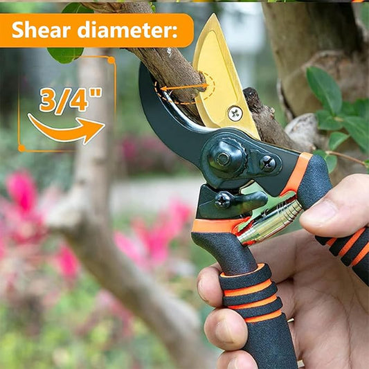 Titanium Coated Pruning Shears Reduce Wrist Fatigue - Cuts 3X Easier, Weak Hand Arthritis Snips, 1 Inch Shear Diameter, Rust Resistant, Strong, Comfortable & Ergonomic Handle