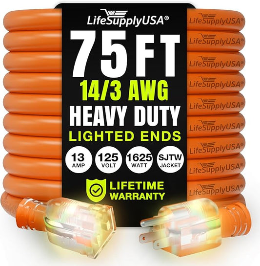 75ft Outdoor/Indoor Extension Cord 14/3 Gauge Heavy Duty 3 Prong SJTW, Waterproof, Flexible Cold-Resistant Long Power Cord,13A 125V 1625W, Orange by LifeSupplyUSA