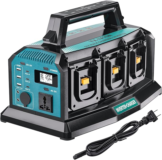 2-in-1 Portable Inverter Charger, 1200W Pure Sine Wave Inverter & 6A Rapid Charger for Makita 18V Battery, 6-Port DC to AC 120V Converter, 3 USB-A + 3 USB-C, 300lm LED Light for RV Camp Off-Grid